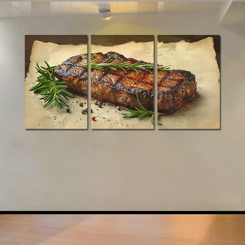 3pcs Steak with Rosemary Sprigs & Peppercorns Wall Art Set Canvas Framed 60x90cm - High Quality Print 100% Australian Made Wall Canvas Ready to Hang