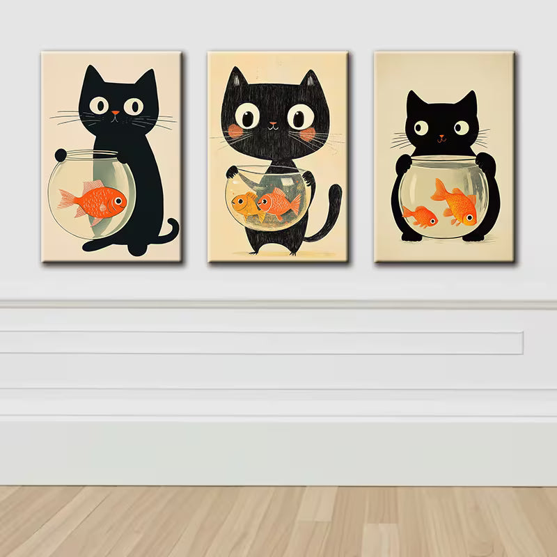 3pcs Black Cat and Fish Tank Illustration Wall Art Set Canvas Framed 40x60cm - High Quality Print 100% Australian Made Wall Canvas Ready to Hang