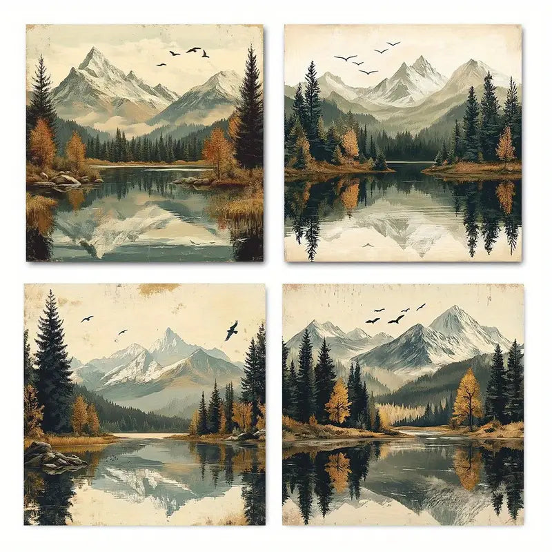 4pcs Mountain Forest Lake, Elegant  LE    Wall Art Canvas Framed