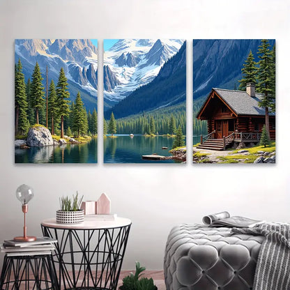 3pcs Mountain Cabin Lake and Snow Scene Art Wall Art Set Canvas Framed 60x90cm - High Quality Print 100% Australian Made Wall Canvas Ready to Hang