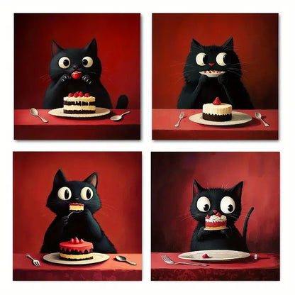 4pcs  Black Cat with Cake for Living BC    Wall Art Canvas Framed