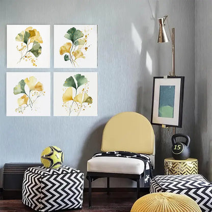 4pcs  Green & Golden Tones for Living R L Wall Art Canvas Framed