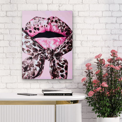 Kiss Lips with Pink Bows Metal Print Ready to Hang