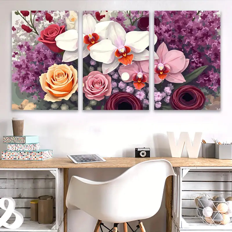 3pcs Orchid & Rose Blossom Floral Wall Art Set Canvas Framed 60x90cm - High Quality Print 100% Australian Made Wall Canvas Ready to Hang