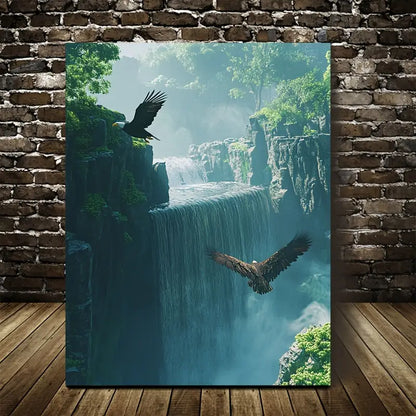 Cyberpunk Eagle & Waterfall Scene Vibrant Morning 40x60cm Metal Print Ready to Hang