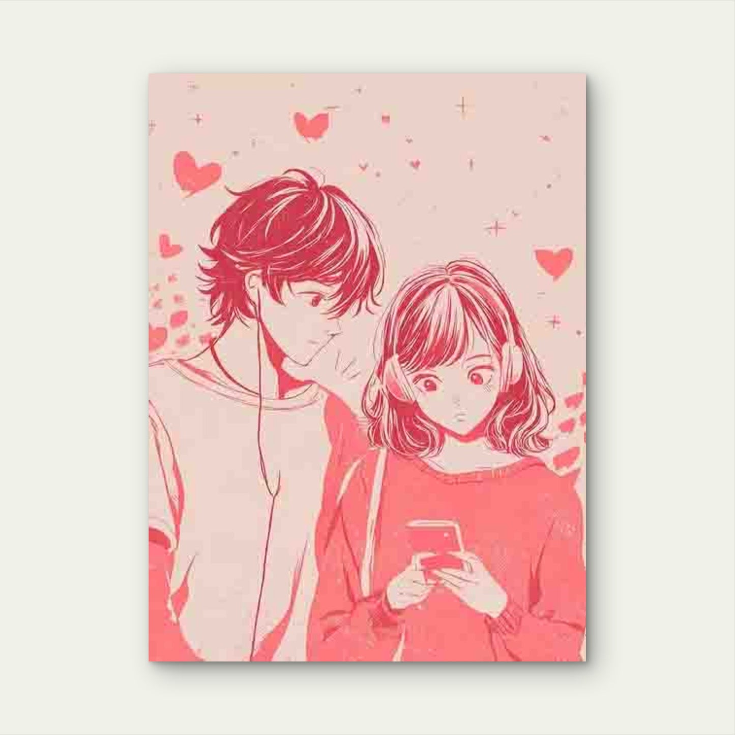 Cute Anime Couple with Smartphone 60x90cm Metal Print Ready to Hang
