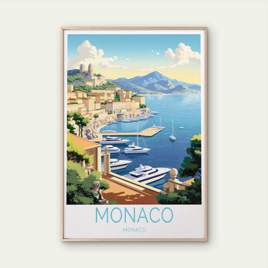 Monaco Country in Europe, Yacht in Sea Travel Poster Print Wall Art
