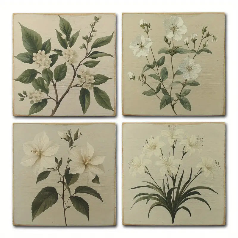 4pcs White Flowers With Green Leaves Wall Art Canvas Framed