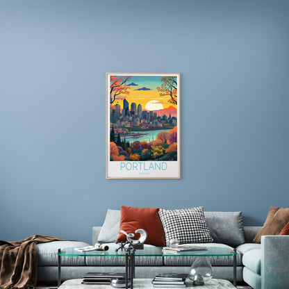 Portland Oregon, Building, Sunset & Lake Travel Poster Print Wall Art