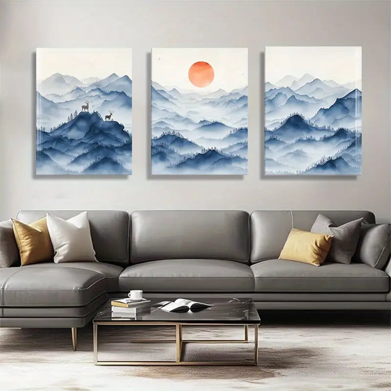 3pcs Blue Mountain Scene with Deer and Sunset Metal Print Ready to Hang Art
