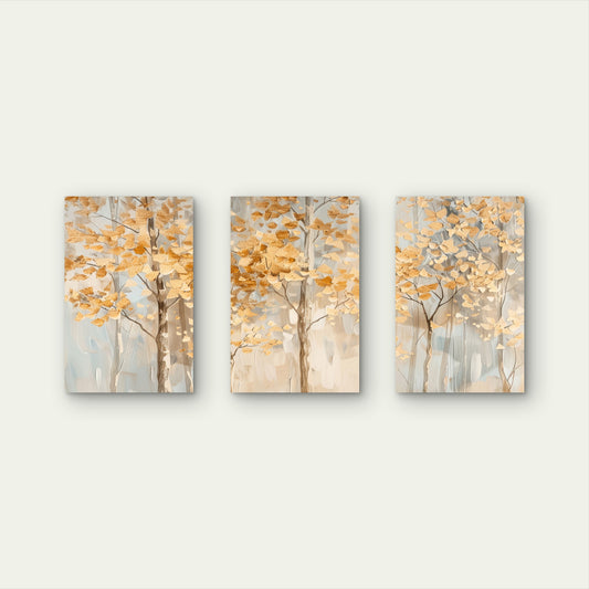 3pcs Abstract Golden Birch Aspen Tree Painting Wall Art Set Canvas Framed 50x70cm - High Quality Print 100% Australian Made Wall Canvas Ready to Hang