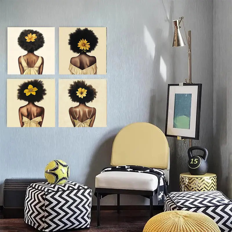 4pcs  Black Beaut African American Woman MN    Wall Art Canvas Framed
