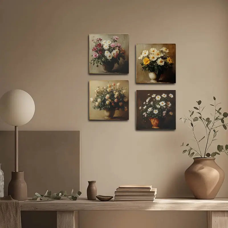 4pcs Colourfull Flower Vases Wall Art Canvas Framed