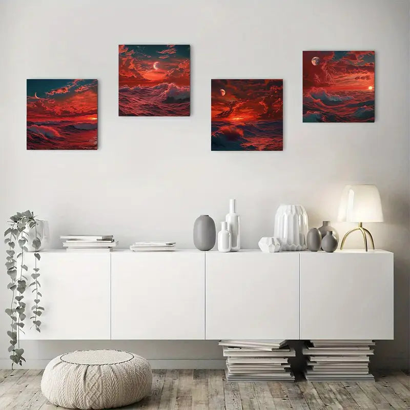 4pcs Crimson Sunse Elegant Wall Art Canvas Framed