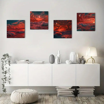 4pcs Crimson Sunse Elegant Wall Art Canvas Framed