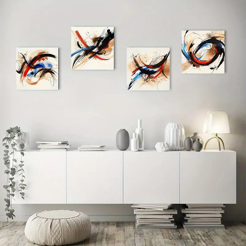 4pcs Stylish Circular Pattern in Blue Red, BlacK   Wall Art Canvas Framed