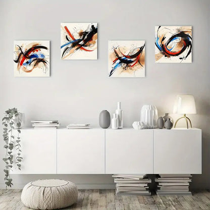 4pcs Stylish Circular Pattern in Blue Red, BlacK   Wall Art Canvas Framed
