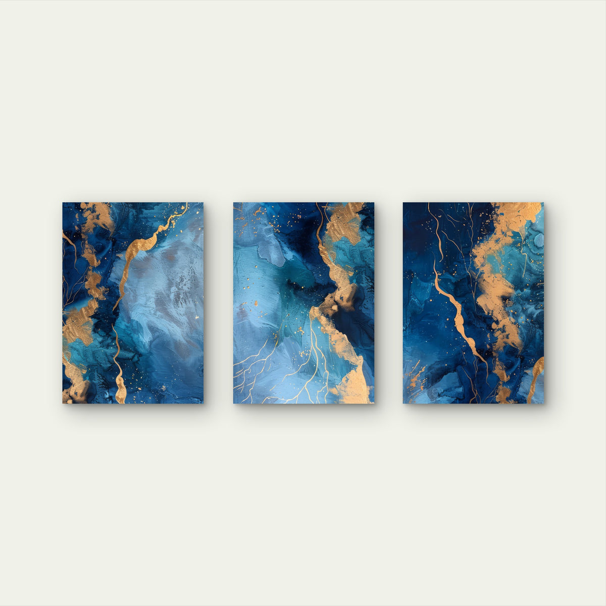 3pcs Navy Blue Teal Abstract Gold Marble Metal Print Ready to Hang Art