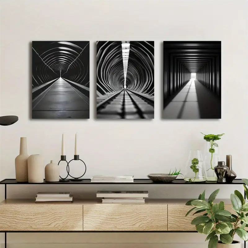 3pcs Black and White Long Tunnel Minimalist Abstract Metal Print Ready to Hang Art