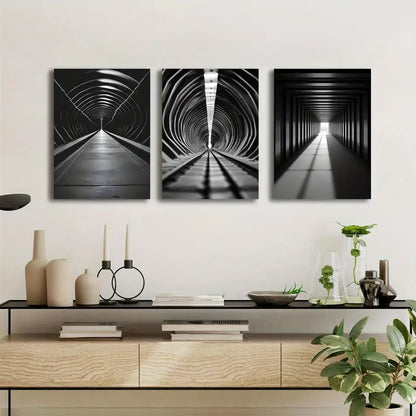 3pcs Black and White Long Tunnel Minimalist Abstract Metal Print Ready to Hang Art