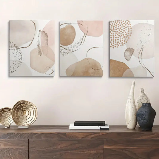 3pcs Beige & Pink Geometric Leaf Patterns, Minimalist Metal Print Ready to Hang Art