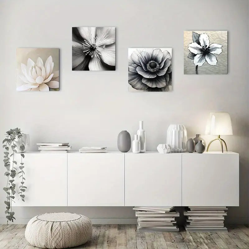 4pcs Nordic Black And White Dahli Wall Art Canvas Framed