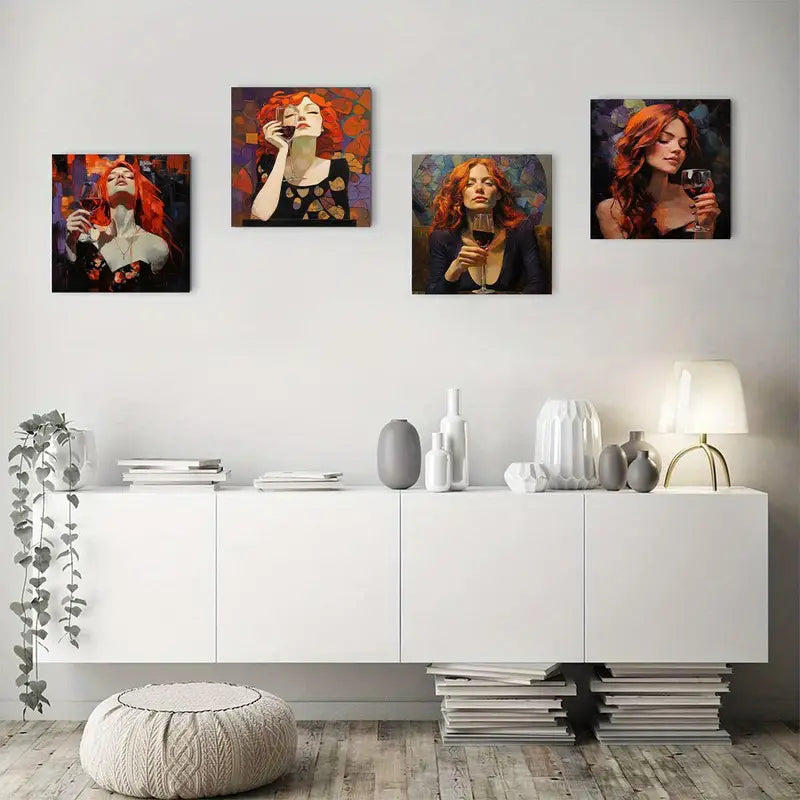 4pcs Mosaic Girl & Woman Drinking Wine Paintings Wall Art Canvas Framed