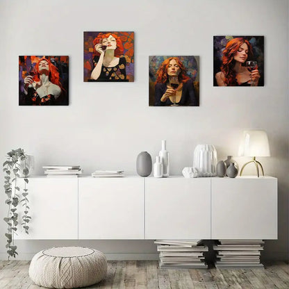 4pcs Mosaic Girl & Woman Drinking Wine Paintings Wall Art Canvas Framed