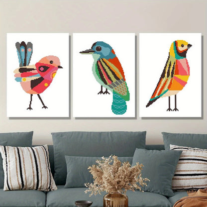 3pcs Geometric birds cross stitch pattern animal Metal Print Ready to Hang Art