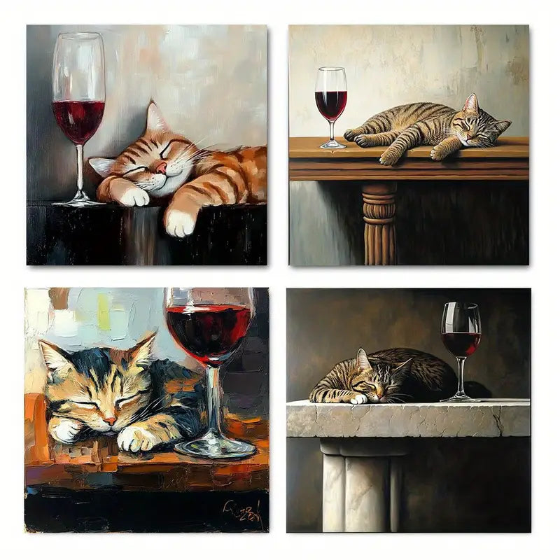 4pcs Sleeping Cats & Wine Glasses Wall Art Canvas Framed