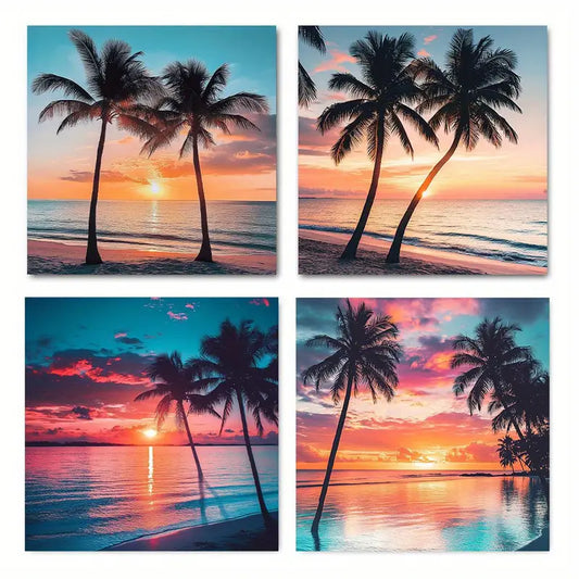 4pcs Coconut Beach sunset Elegant CB  Wall Art Canvas Framed