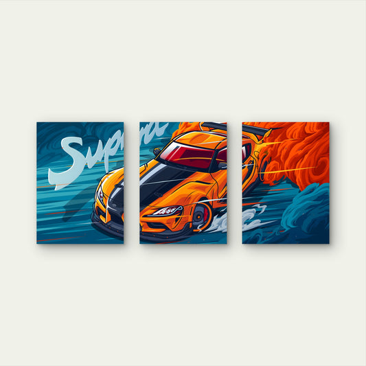 3pcs Fiery Tangerine Cyan Asphalt Drift Metal Print Ready to Hang Art