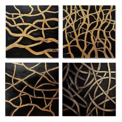4pcs Abstract Black And Golden Lines Wall Art Canvas Framed