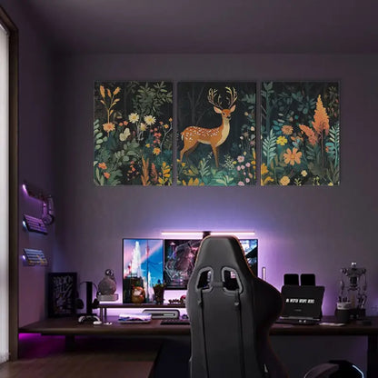 3pcs Deer in the Forest Flowers & Plants, Vibrant Metal Print Ready to Hang Art