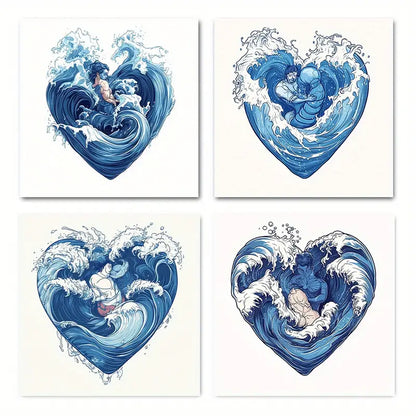 4pcs Surfing & Mermaid Designs, Blue & White Oce Wall Art Canvas Framed
