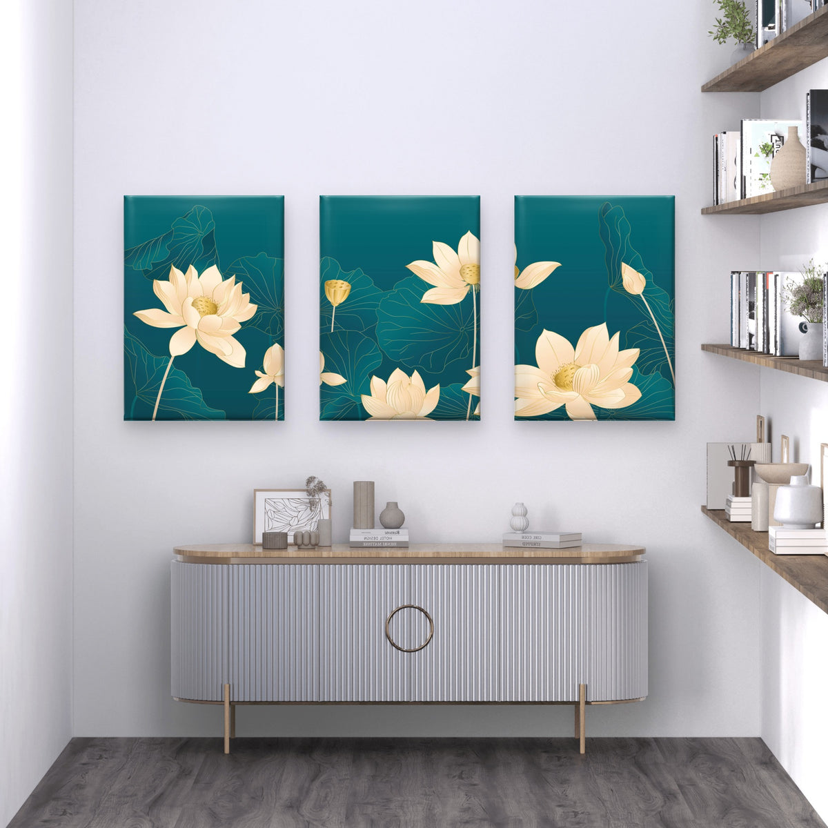 3pcs Golden Lotus Botanical Illustration Wall Art Set Canvas Framed 40x60cm - High Quality Print 100% Australian Made Wall Canvas Ready to Hang