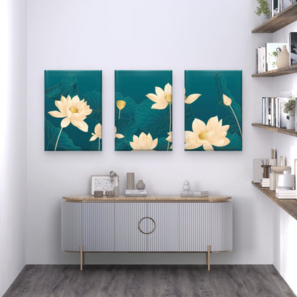 3pcs Golden Lotus Botanical Illustration Wall Art Set Canvas Framed 40x60cm - High Quality Print 100% Australian Made Wall Canvas Ready to Hang
