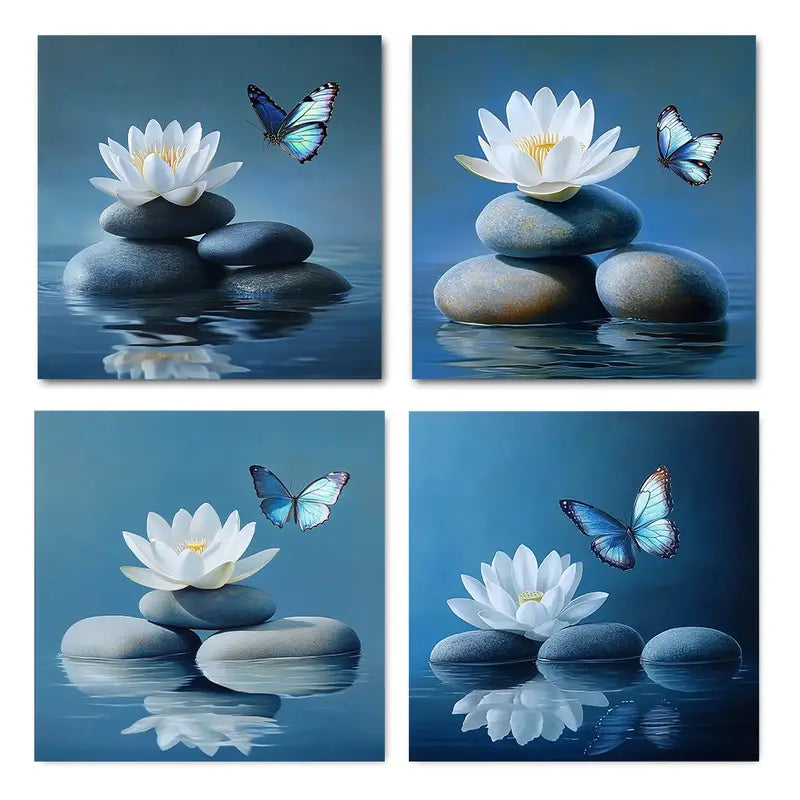 V4pcs  Blue for Lotus & Butterfly Stone  BL   Wall Art Canvas Framed