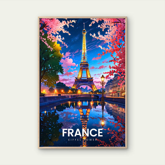 Paris France Eiffel Tower Cherry Blossom Travel Poster Print Wall Art