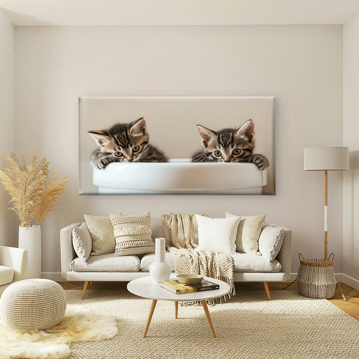 Two Kittens One Cup Wall Art Canvas Office Home Room Framed 120x60cm