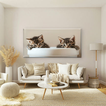 Two Kittens One Cup Wall Art Canvas Office Home Room Framed 120x60cm