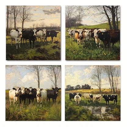 4pcs Cows On Pastur Elegant Modern Wall Art Canvas Framed