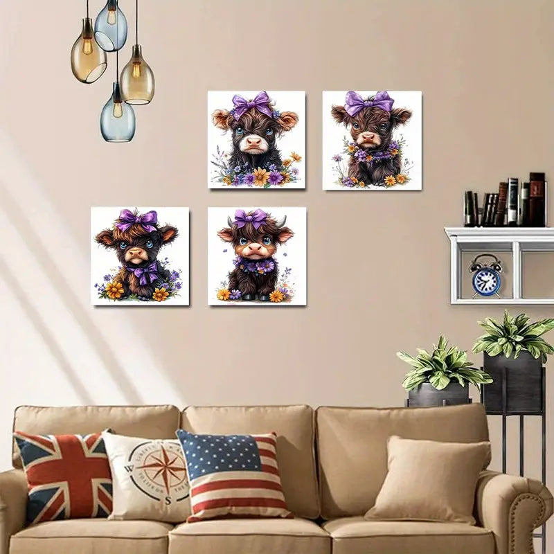 4pcs w Animal Illustrations with Purple  Wall Art Canvas Framed