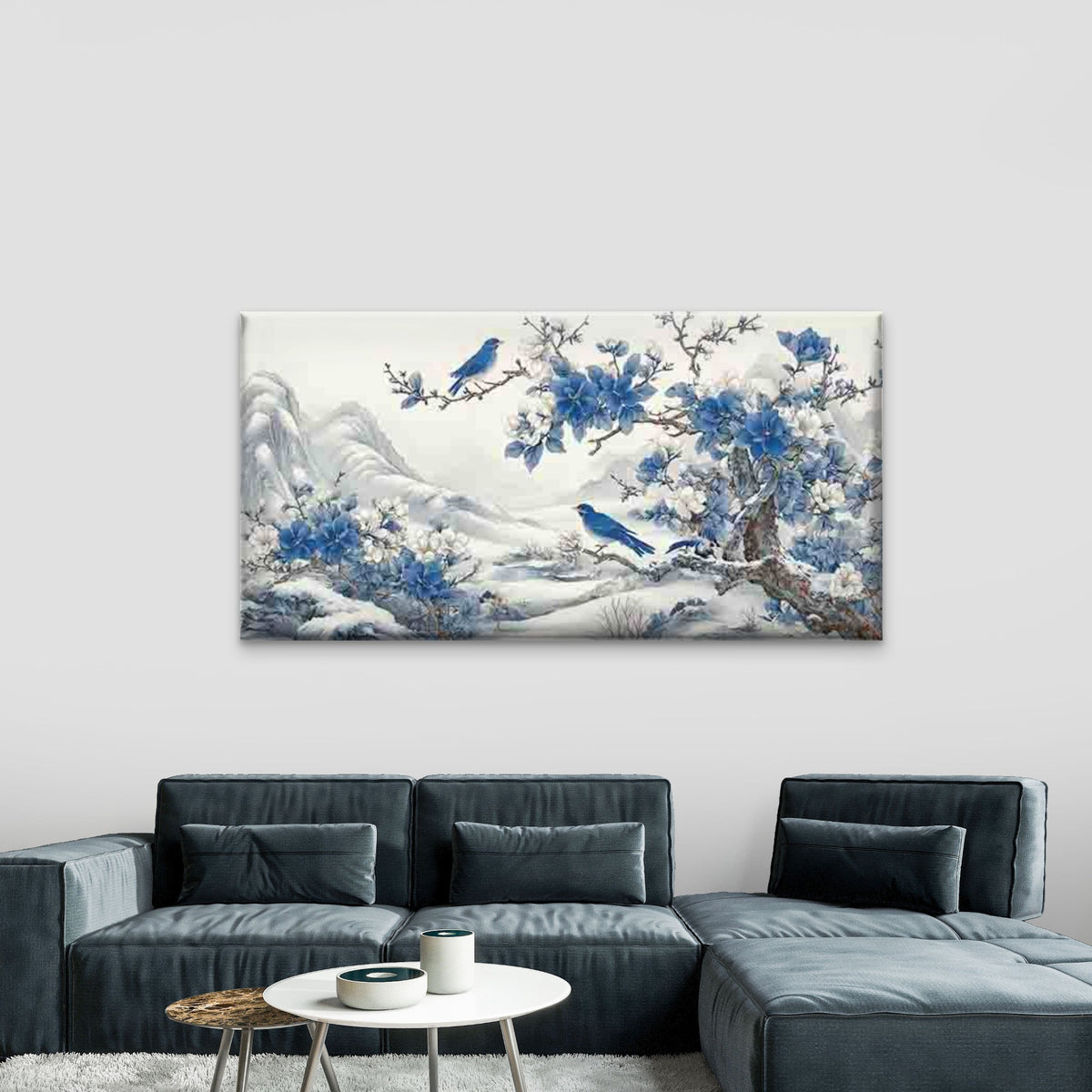Blue Birds & Snowy Landscape Wall Art Canvas Office Home Room Framed 120x60cm