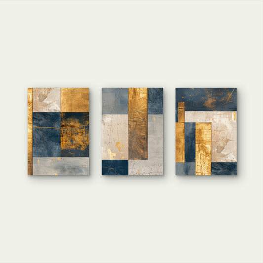 3pcs Modern Navy Blue Grey Gold Foil Geometric Wall Art Set Canvas Framed 50x70cm - High Quality Print 100% Australian Made Wall Canvas Ready to Hang