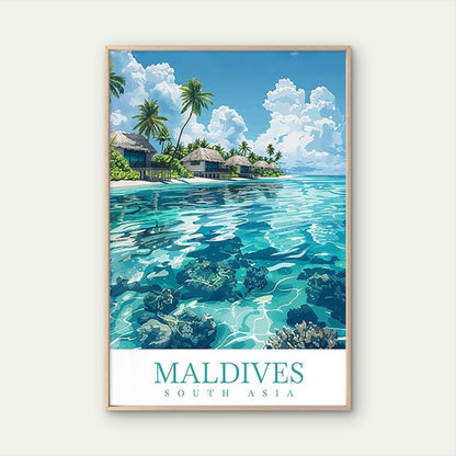Maldives Tropical Island Turquoise Coral Reef Travel Poster Print Wall Art