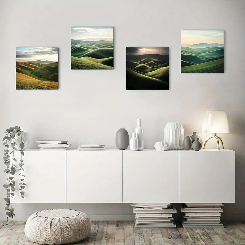 4pcs  Vibrant Green Hills & Sunset Scenery Wall Art Canvas Framed