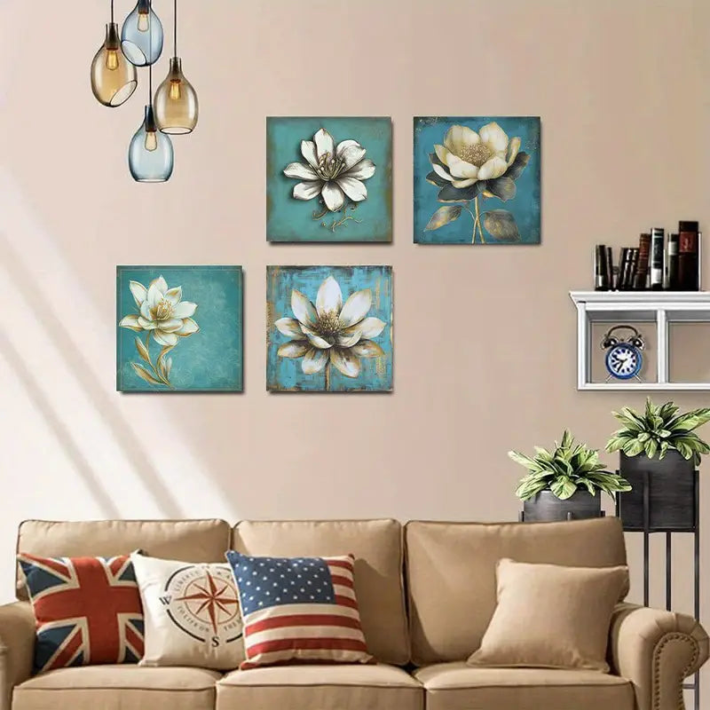 4pcs Vintage White Flower  Wall Art Canvas Framed