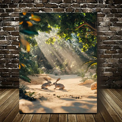 Realistic Rabbit Play Scene on Sandy Beach 40x60cm Metal Print Ready to Hang