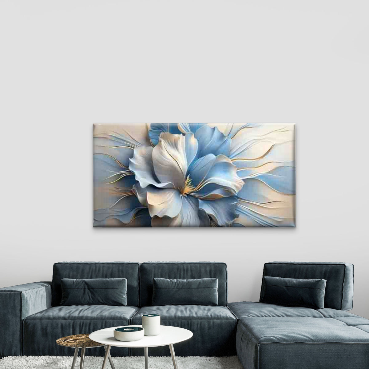 Blue And White Floral Design Wall Art Canvas Office Home Room Framed 120x60cm